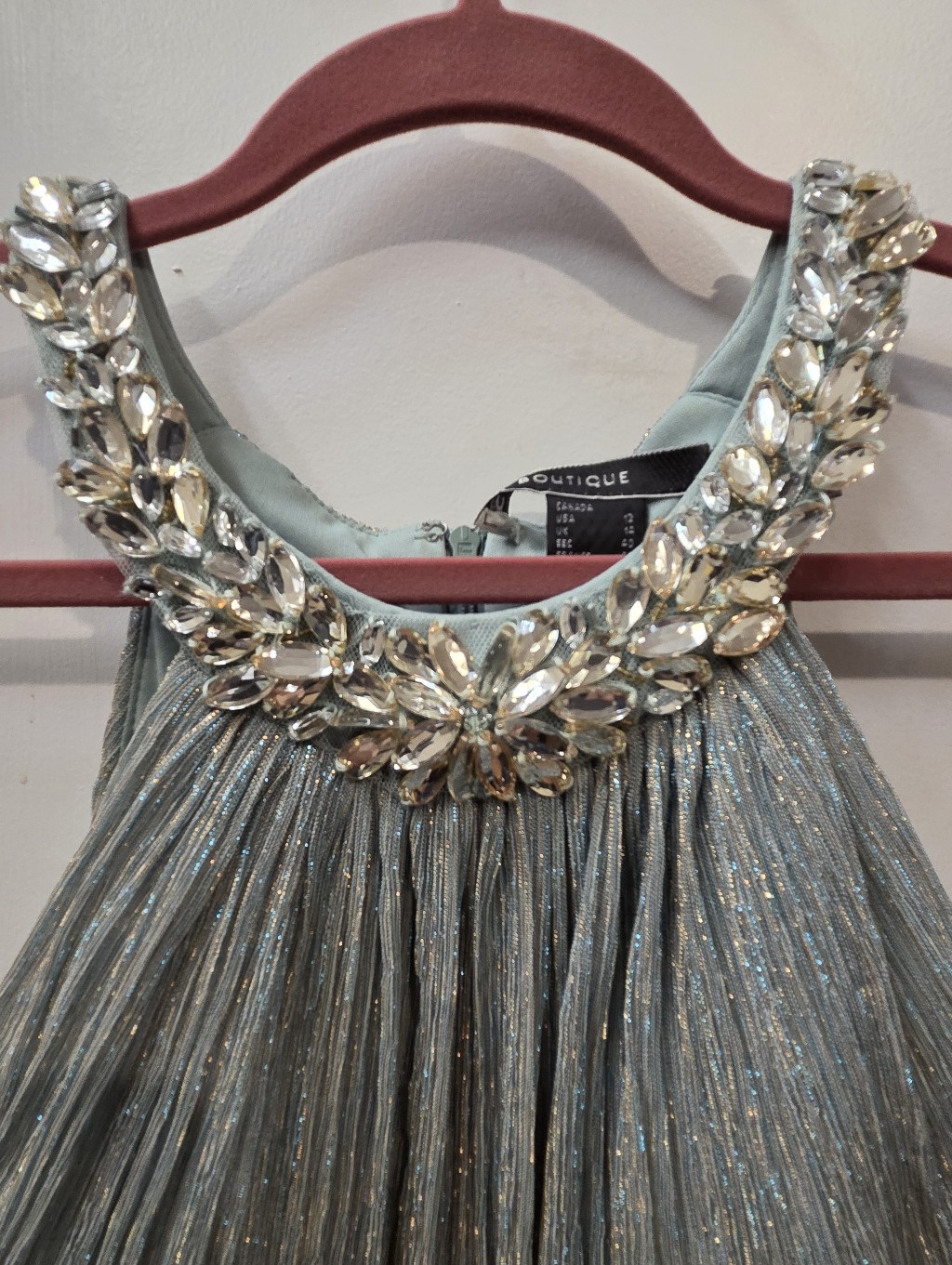 Js Boutique Shimmery Light Blue/Green Party Dress With Jewel Collar